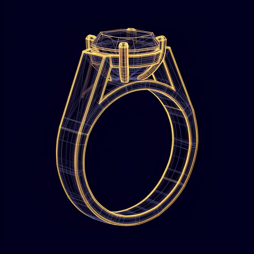 Wireframe CAD model of a jewellery ring on a deep navy background