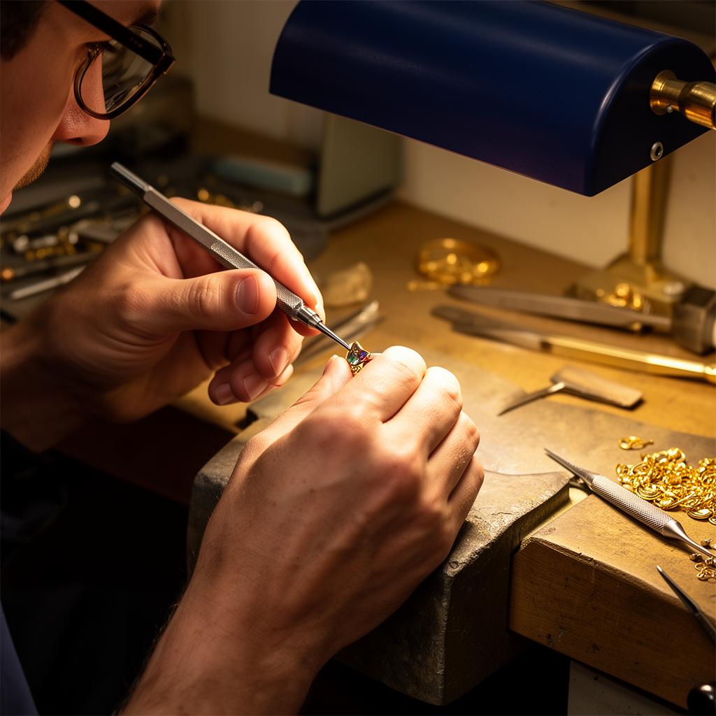 Goldsmith working at a jewellery bench with precision tools
